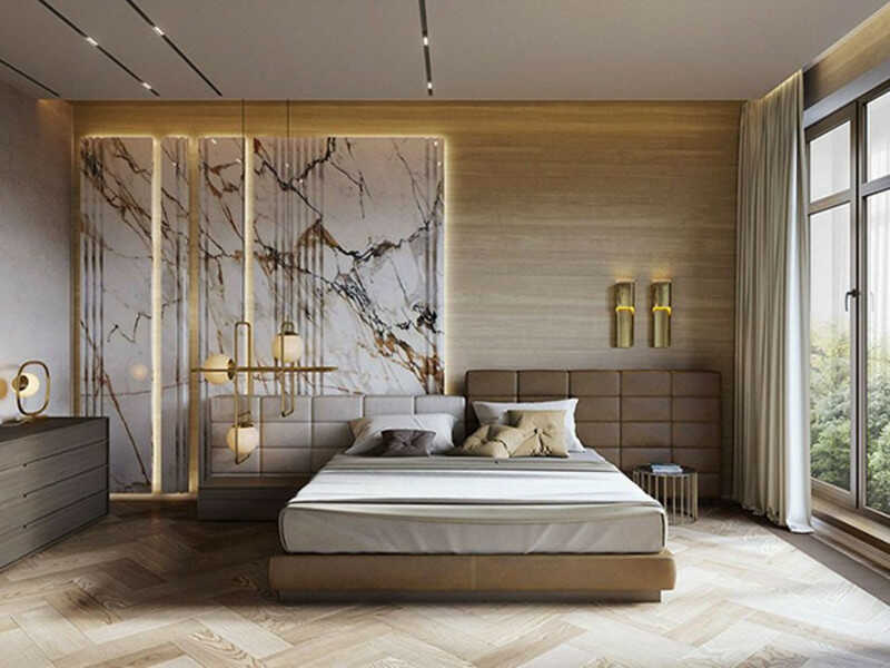 Phòng ngủ ốp tấm nhựa PVC màu sắc nhẹ nhàng