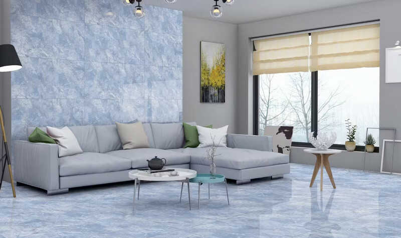 Tấm ốp nhựa màu xanh da trời sáng cho phòng khách chung cư