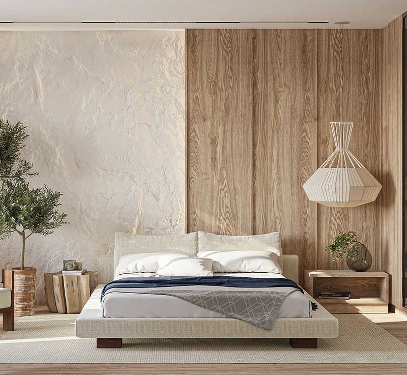 Phòng ngủ sử dụng tấm ốp nhựa PVC màu be ấm áp